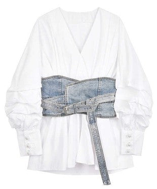 Denim Belt White Shirt Set